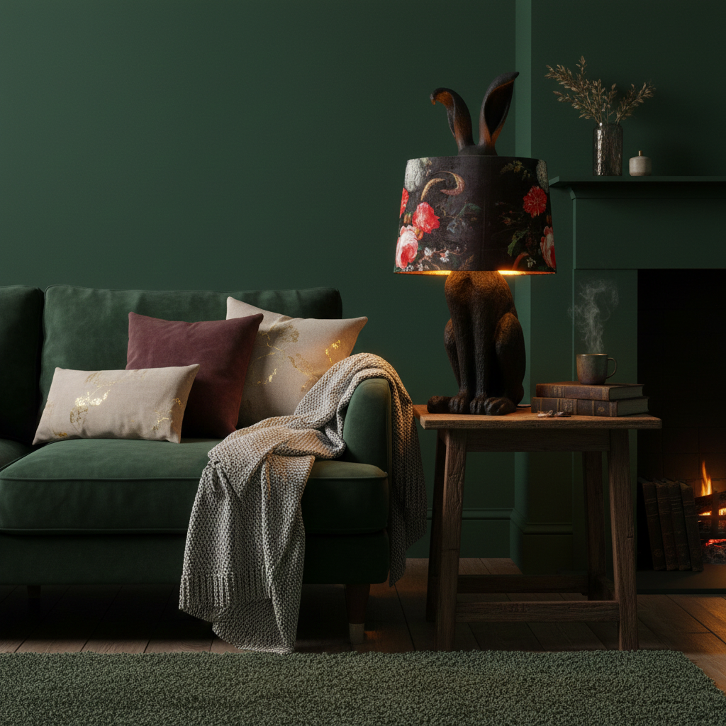 Matt Black Rabbit Lamp with Boho Shade